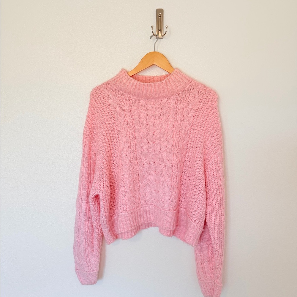 HYFVE Pink Cable Knit Mock Neck Sweater